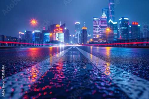 Asphalt race track and modern skyline and buildings in Shanghai at night