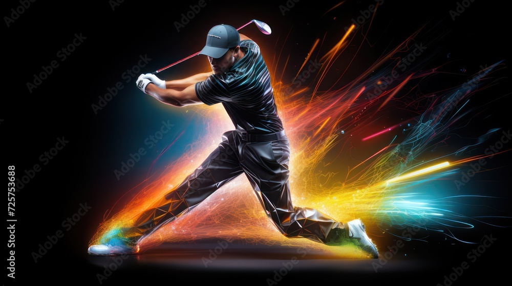 Fototapeta premium Photo of golf athlete swinging golf stick with green light effect background. 
