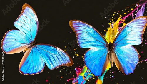 blue tropical morpho butterflies on a splash of bright colorful colors on black © Nathaniel