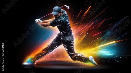 Photo of golf athlete swinging golf stick with green light effect background.  
