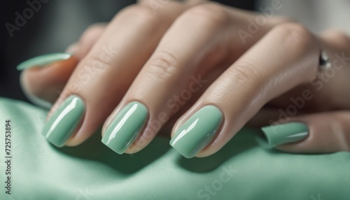 Hands with glossy  mint green nails and a matching fabric.