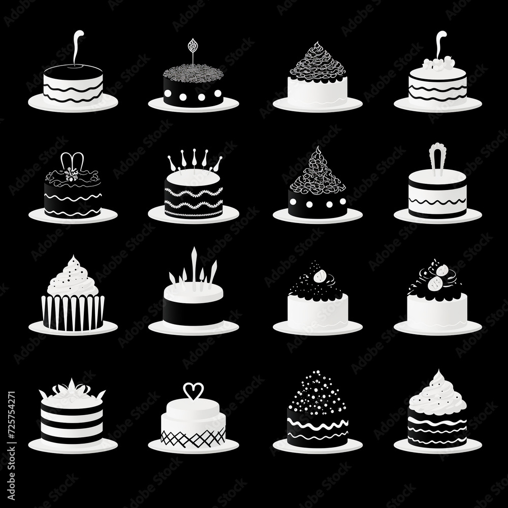 Cake Dessert black silhouette icons set on white background Ai generated image Cake Dessert black silhouette icons set on white background Ai generated image