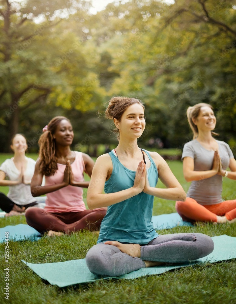 group of women practicing yoga together in city park group of women practicing yoga together in city park