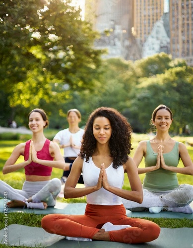 group of women practicing yoga together in city park