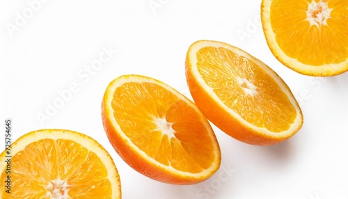 falling fresh orange fruit slices isolated on white background closeup flying food concept top view flat lay orange slice inr without shadow