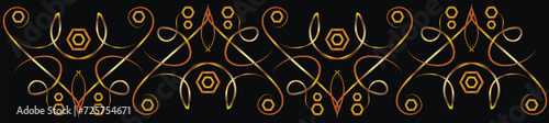 Graphic symmetrical fantasy ornament with swirls and polygons and rhombus. Seamless ornament. Gold gradient on a black background for printing on fabric, applique and postcards.