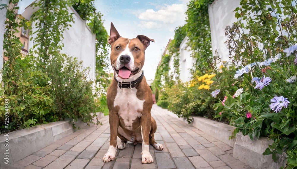 american staffordshire terrier in the garden on the on the sidewalk portrait of a dog s exhibition stand