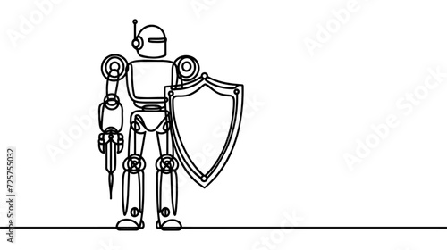 Continuous one line drawing robot with shield. Retro robot. Metal computer man or cyborgs. Security in internet