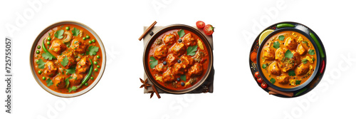 Collection Set of Top view of Delicious Indian butter chicken curry, isolated over on transparent white background