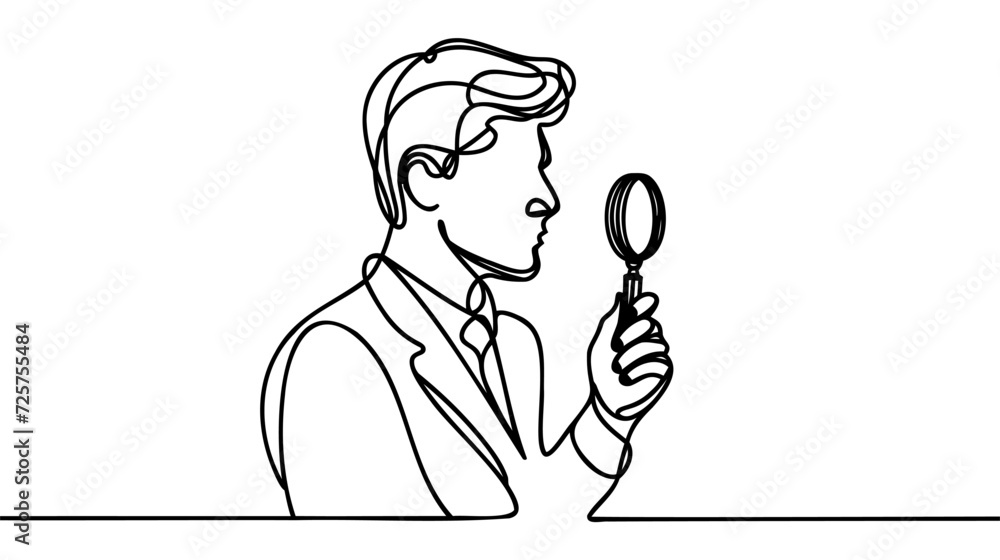 Continuous line drawing of man hold magnifying glass to analyze work, search. Vector illustration Continuous line drawing of man hold magnifying glass to analyze work, search. Vector illustration