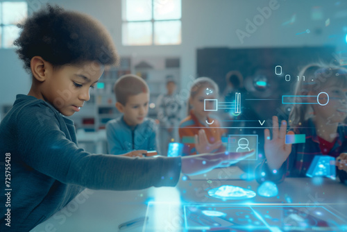 A hands-on educational scene with children in a classroom, using interactive AI technology to learn about science and mathematics