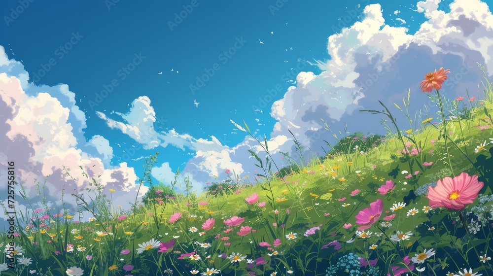 Beautiful anime-style illustration of a grassy hillside full of wildflowers