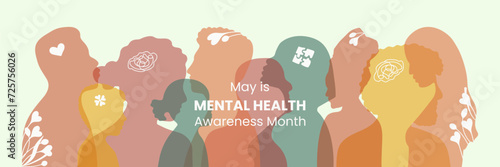 Mental Health Awareness month. Various silhouettes of adults and children of different nationalities and appearances. Psychological well-being presentation. Diversity people contour in flat style