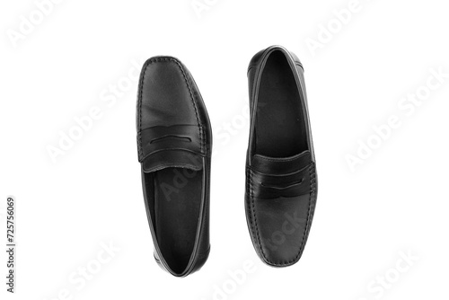 men's pair of black moccasins on isolated white background close-up