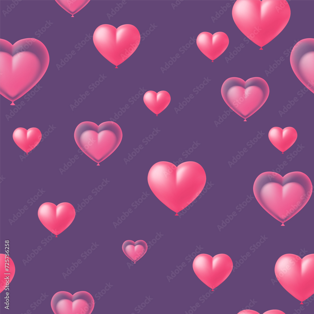 Seamless pattern realistic heart balloons on purple background for Valentine Day, birthday, wedding, holiday