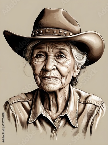 Old woman with cowboy hat. Oil Painting. Generative AI