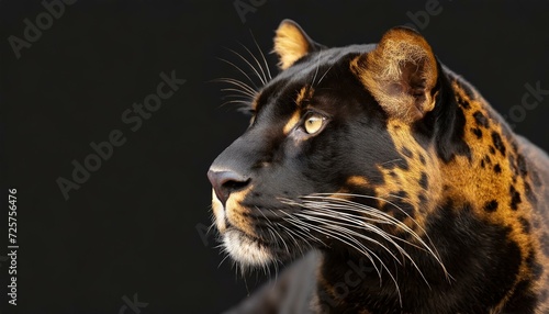 head profile closeup of spotted black golden panther isolated on black background