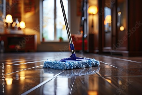 Mop with a cloth on the floor. Cleaning concept. Space for text photo
