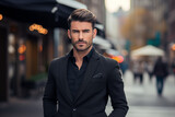 Handsome businessman with black suit standing in the street