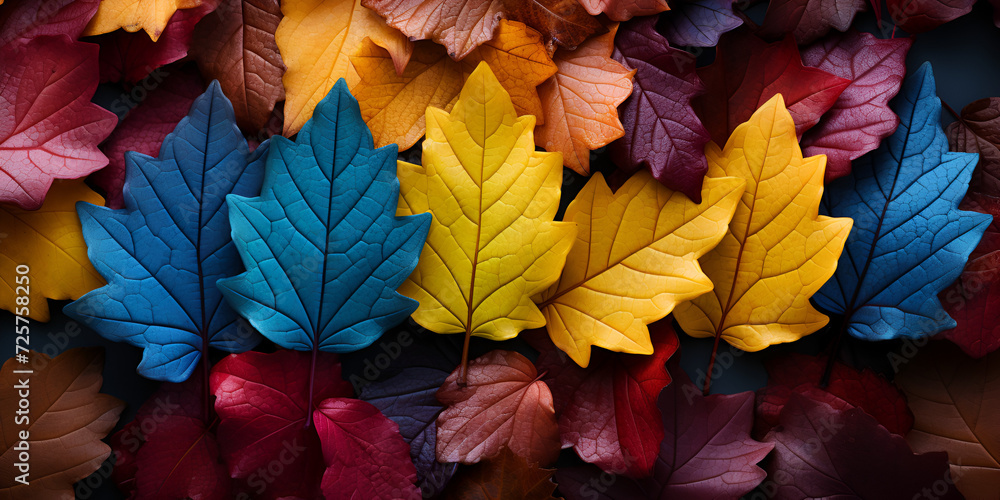 closeup Captivating array of colorful autumn leaves random element outdoor Serve bright autumn leaf 
A Riot of Fall Colors Leaves for Stunning beautiful serene flat lay scenery.
