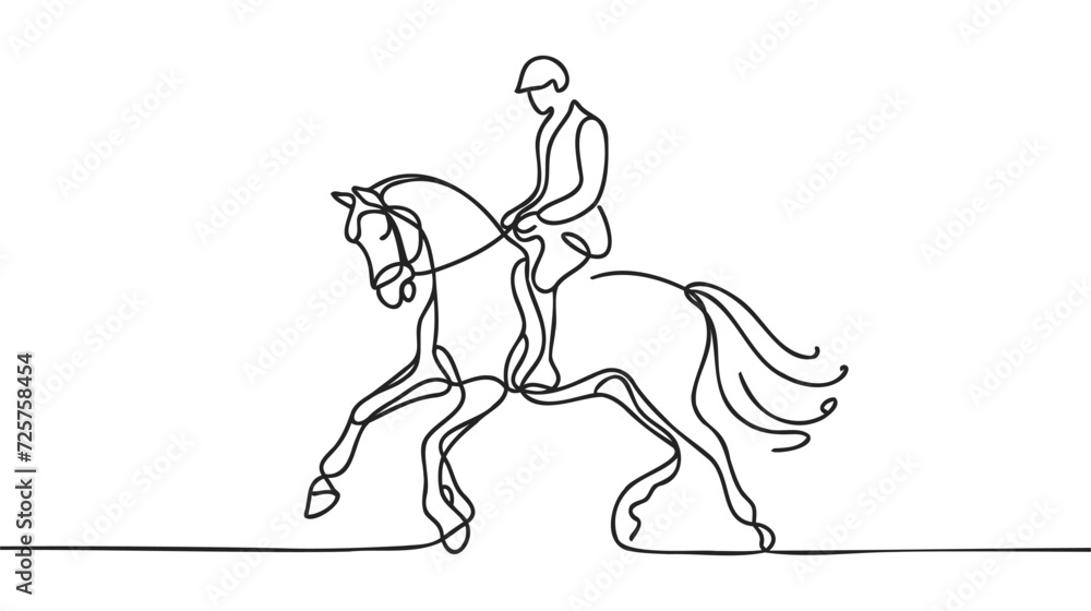 Fototapeta premium One continuous line drawing of young horse rider man in action. Equine run training at racing track.