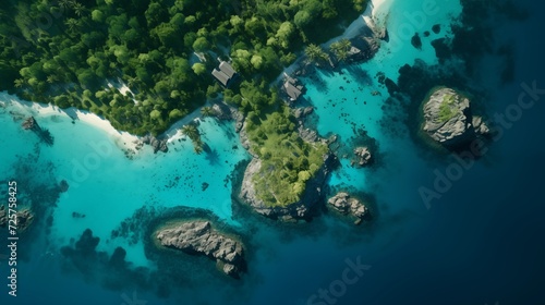 A bird's-eye view capturing the tropical beauty of an archipelago, with lush green islands surrounded by clear turquoise waters © Abdul