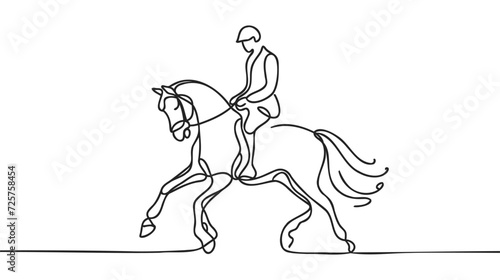 One continuous line drawing of young horse rider man in action. Equine run training at racing track.