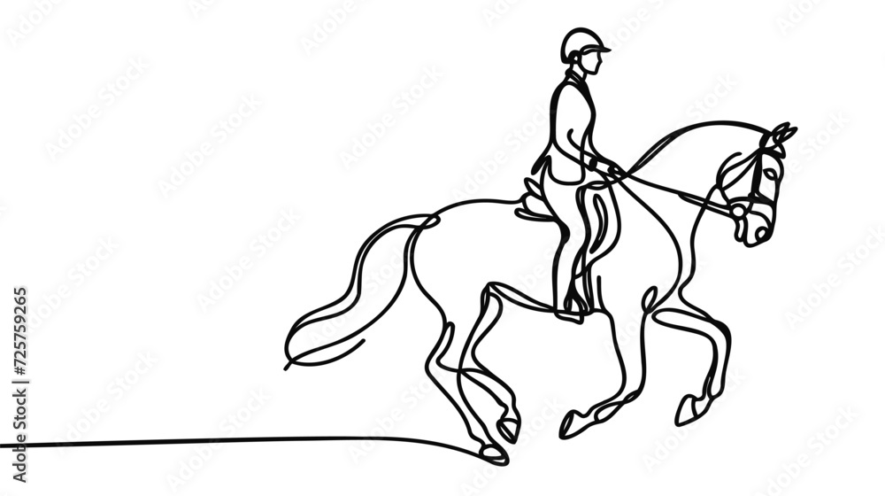 One continuous line drawing of young horse rider woman in action. Equine run training at racing track. One continuous line drawing of young horse rider woman in action. Equine run training at racing track.