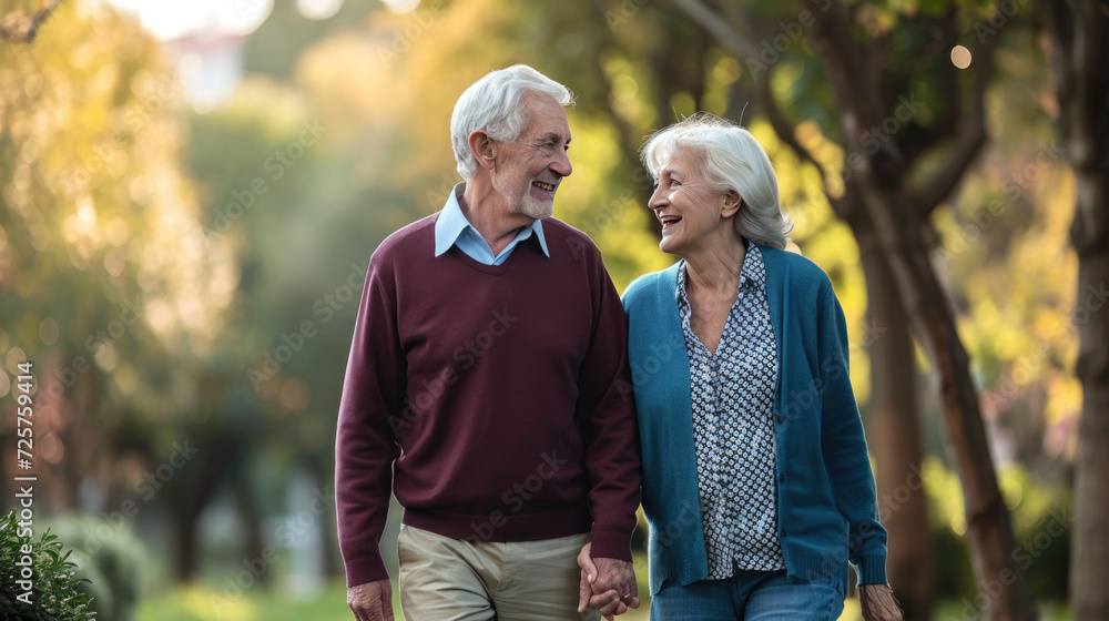 Elderly couple is seen walking together, holding hands and sharing a happy moment in a sunlit park Elderly couple is seen walking together, holding hands and sharing a happy moment in a sunlit park