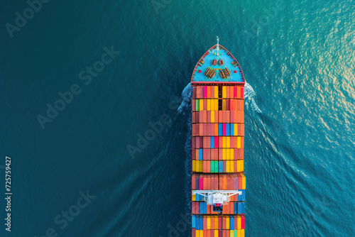Aerial View of Colorful Cargo Ship on Sparkling Blue Sea photo