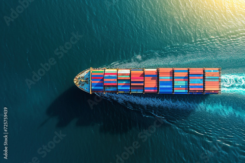 Aerial View of Colorful Cargo Ship on Sparkling Blue Sea