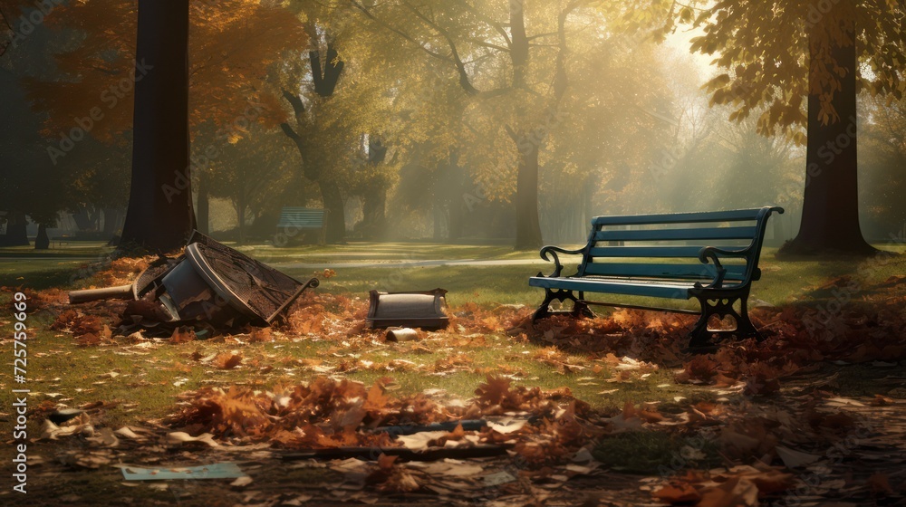 Park bench with dirty grass leaf litter in autumn.