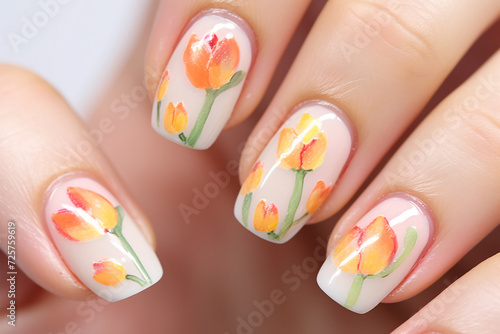 Woman's fingernails with orange tulip spring flower nail art design