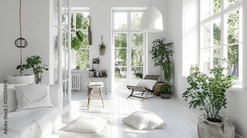 Naklejka premium White house interior with green plants. Generative AI