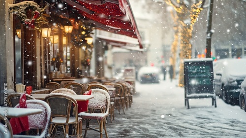 Cafe outdoor tables covered by snow. Generative AI