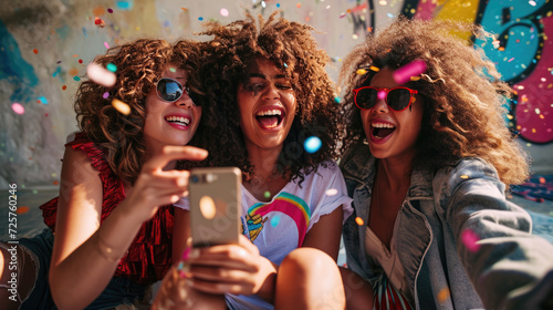 Joyful friends are taking a selfie during a celebration with confetti flying around them.