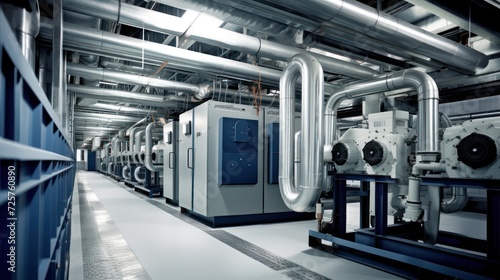 Industrial HVAC system room, with heating and air conditioning air circulation pipes, installation construction.
