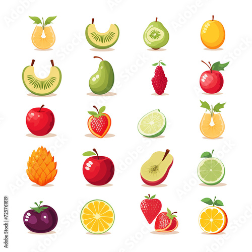 Fruit flat icon set on whote background, no text, Ai generated image photo