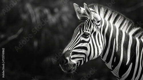 Portrait of zebra named as Grevy on dark background with copy space. Conservation of endangered species and biodiversity.