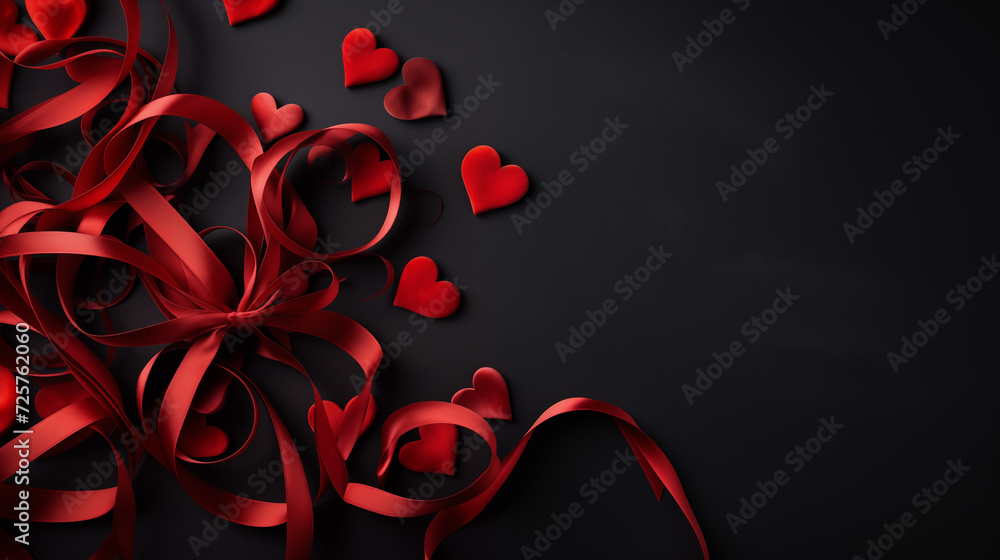 Walentynki 14 lutego - romantyczne ciemne minimalistyczne tło na życzenia. Mockup, szablon z sercem i dekoracjami dla zakochanych. Symbol wyznana uczuć miłości. Kwiaty dla zakochanej kobiety - obrazy, fototapety, plakaty 