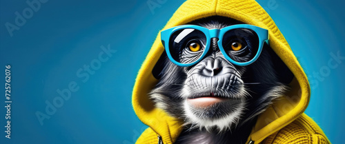 Portrait Ultra Fashionable stylish monkey wearing sunglasses yellow, monkey wearing yellow hooded sweater, looking into camera, on simple blue background. Copy space photo