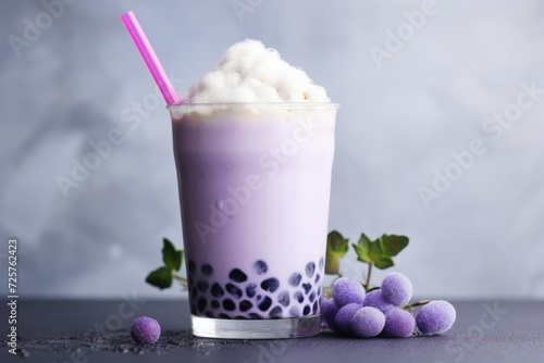 taro milk tea. purple bubble milk tea. ice Gummy cold drink. Bubble Boba Latte grape tea sorbet fruit ice. cooling drink photo