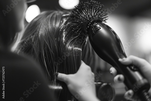 A woman blow drying her hair in a salon. Perfect for beauty and haircare related projects