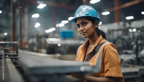 Young and confident indian female worker or labor at factory