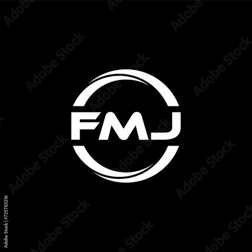 FMJ letter logo design with black background in illustrator, cube logo, vector logo, modern alphabet font overlap style. calligraphy designs for logo, Poster, Invitation, etc. photo