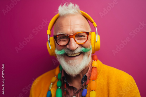 Happy senior man in yellow jacket with headphones listening music isolated on pink background.