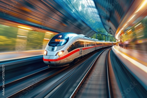 A lengthy high-speed train moves quickly. Generative Ai. © Retu