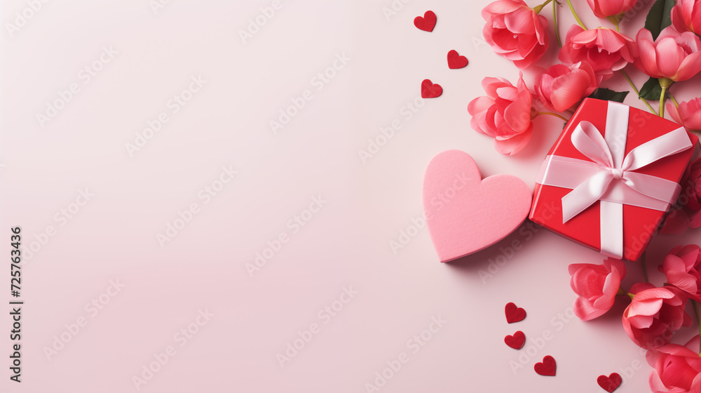 Walentynki 14 lutego - romantyczne minimalistyczne tło na życzenia. Mockup, szablon z prezentem, sercem i dekoracjami dla zakochanych. Symbol wyznana uczuć miłości. Kwiaty dla zakochanej kobiety - obrazy, fototapety, plakaty 