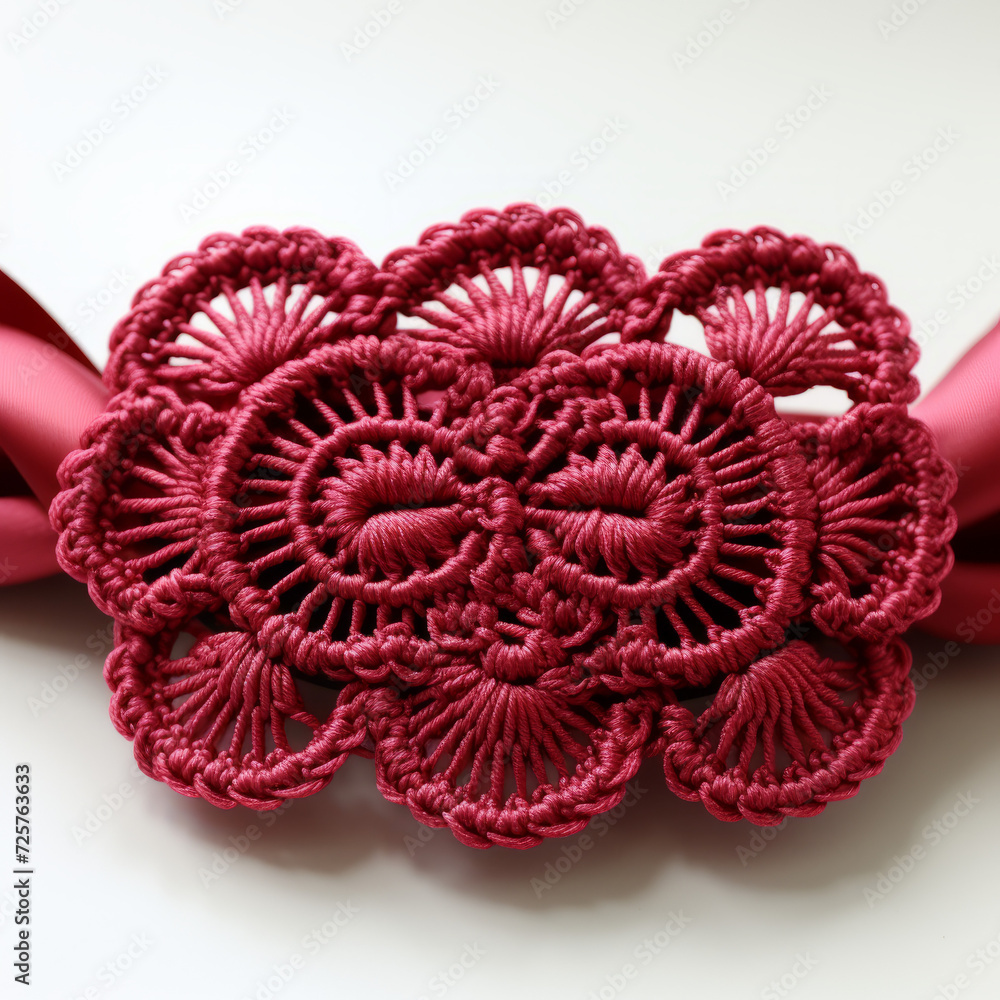Obraz premium Handmade Crimson Macramé Lace Ribbon on White Background