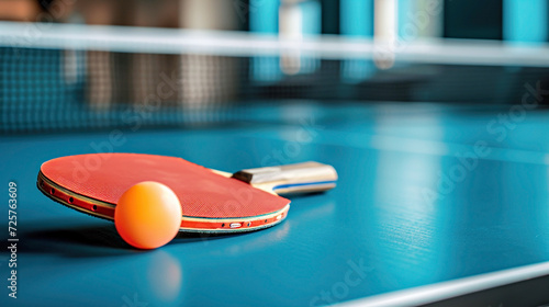 Table tennis equipment Racket and table tennis ball on blue table, net in background. Sports lifestyle, Olympic sport